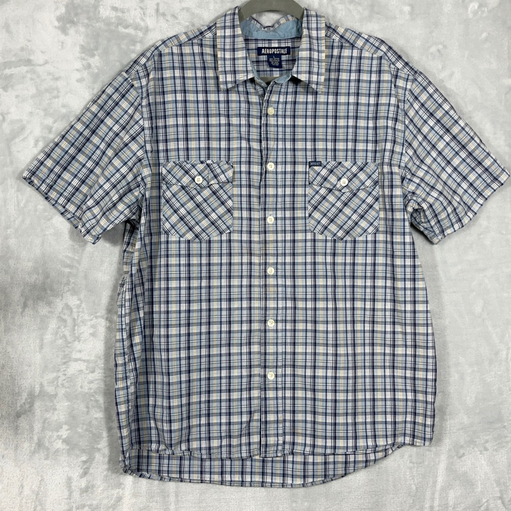Aeropostale Mens Button Up Shirt L Blue Plaid Short Sleeve Cotton Aero 87 Preppy
